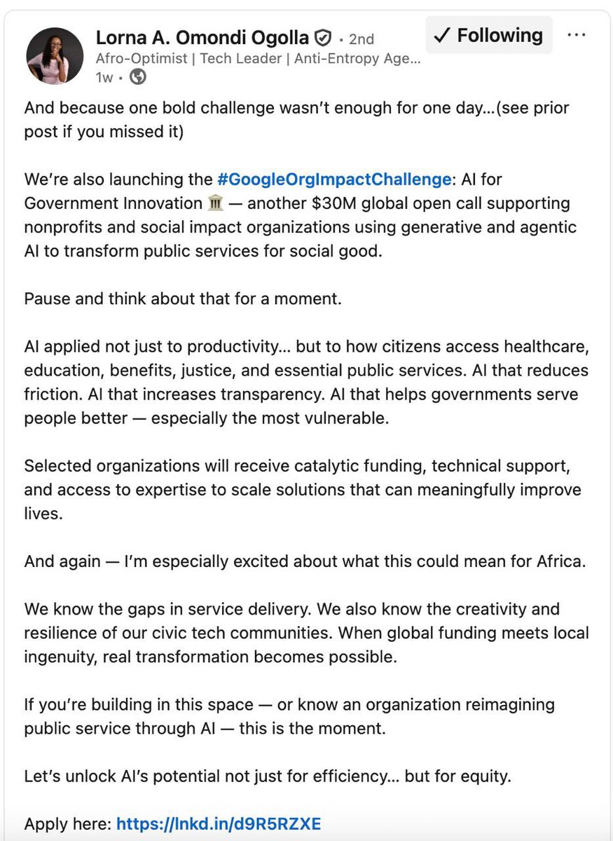 Late General Ogolla’s daughter, Lorna, shared this interesting call for applications on her LinkedIn. Just went through her LinkedIn, she’s doing some amazing AI projects at Google, sharp girl with 4.0 GPA at Stanford buana.

The Grant is 500K - 1M USD
Here is the link for the