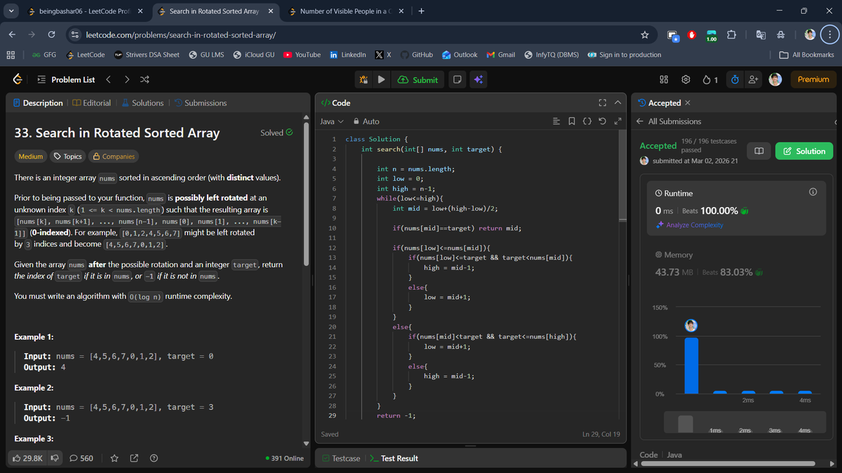 beingbashar06's tweet photo. #Day77 of #100DaysOfCodeChallenge

Binary search + monotonic stack today.

• Search in Rotated Sorted Array (Medium)
• Number of Visible People in a Queue (Hard)

Day 77 done ✅

#100DaysOfCode #LeetCode #DSA #BinarySearch #MonotonicStack #Java #ProblemSolving https://t.co/77095UuzvS