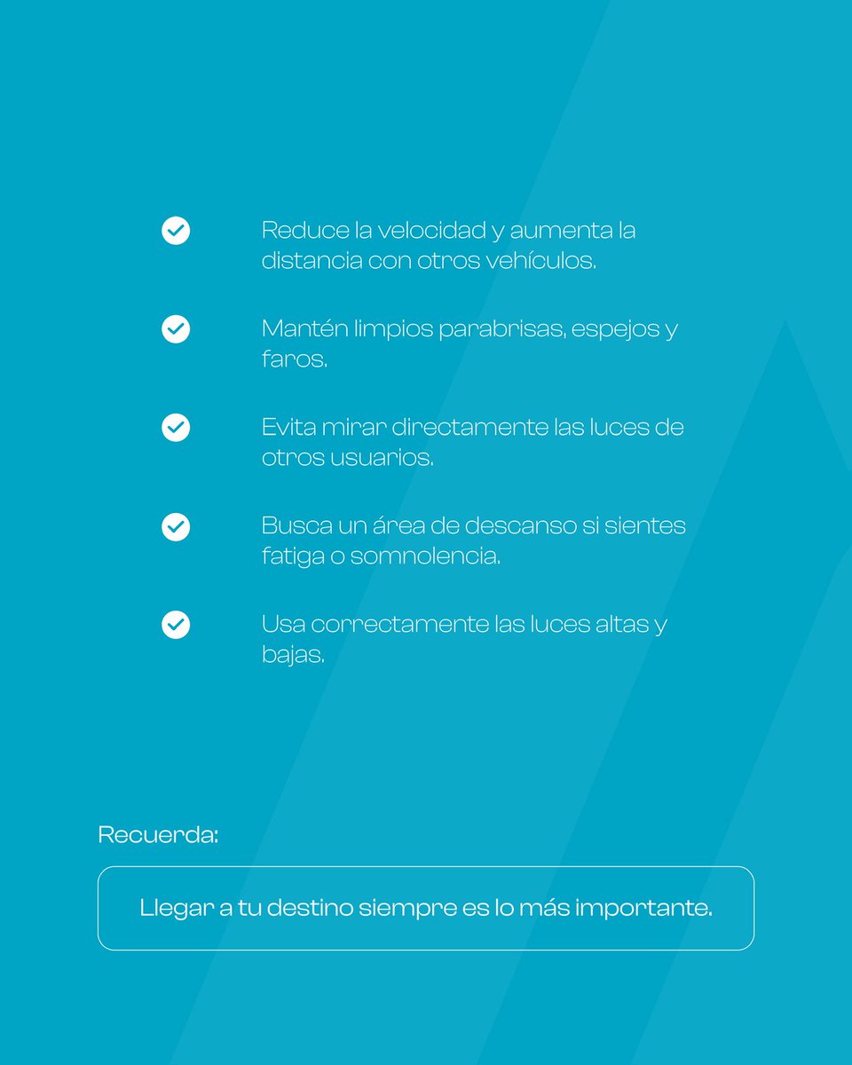 🌙🚗  ¿Vas a conducir de noche? La carretera cambia cuando cae el sol. Aquí te dejemos algunos tips para un viaje seguro.

Recuerda que conducir sin luz diurna requiere más atención y prevención. Tu mejor aliado siempre será la prudencia.