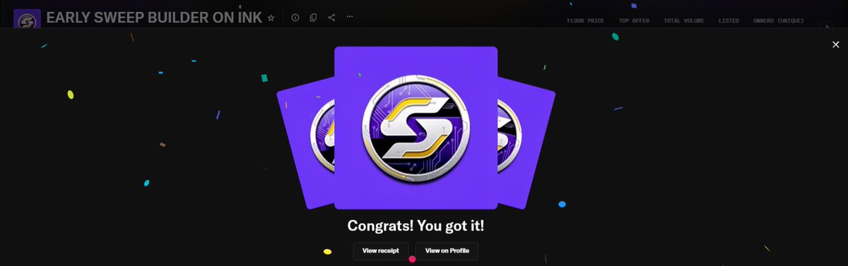 I have claimed NFT on <a href="/opensea/">OpenSea</a> from EARLY BUILDER ON INK <a href="/sweep_haus/">Sweep</a>, hopefully this collection can increase the number of transactions counted when the $INK airdrop is released by <a href="/inkonchain/">ink</a> .
opensea.io/collection/ear…