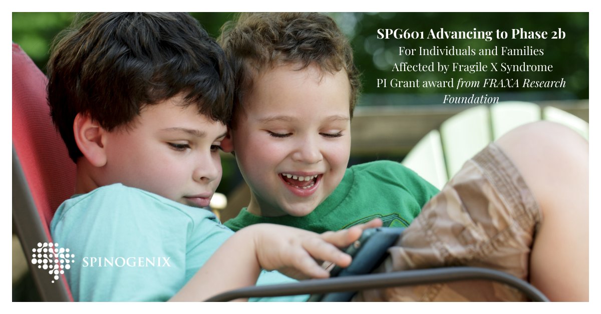 Grateful to <a href="/FRAXAresearch/">FRAXA Research</a> for supporting the PIs leading our Phase 2b trial of SPG601 in Fragile X syndrome.

With no FDA-approved treatments, urgency matters. SPG601 has received FDA Fast Track and Orphan Drug Designations (FDA and EMA).

🔗spinogenix.com/press-release/…