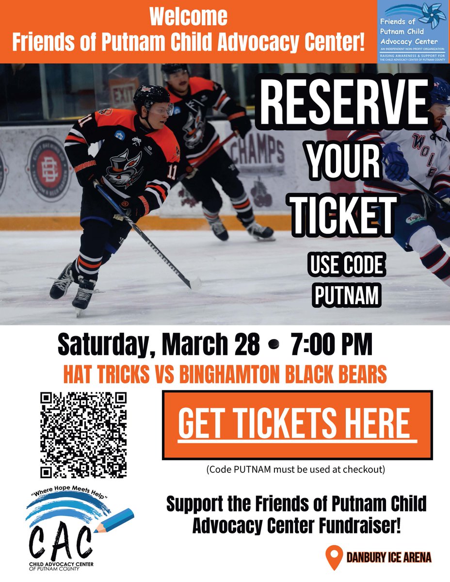 PutnamCAC's tweet photo. 🏒 Join Us for a Night of Hockey &amp; Hope!

Support the Friends of Putnam Child Advocacy Center at an exciting night of hockey!

Use code PUTNAM at checkout to support the fundraiser!

🎟 Get your tickets today and help make a difference for children.

https://t.co/pcyYnf7OBB https://t.co/35MJuunU2g