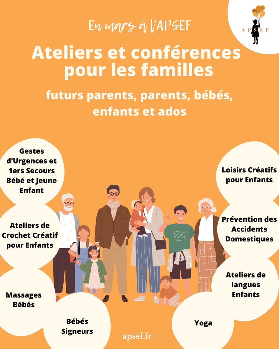 Comme d'habitude, notre association vous propose plusieurs événements ce mois-ci pour vous accompagner dans la #parentalité 👨‍👩‍👦
apsef.fr

#famille #enfant #courbevoie #éducation #parents #bébé #santé #languesvivantes #crochet #1erssecours