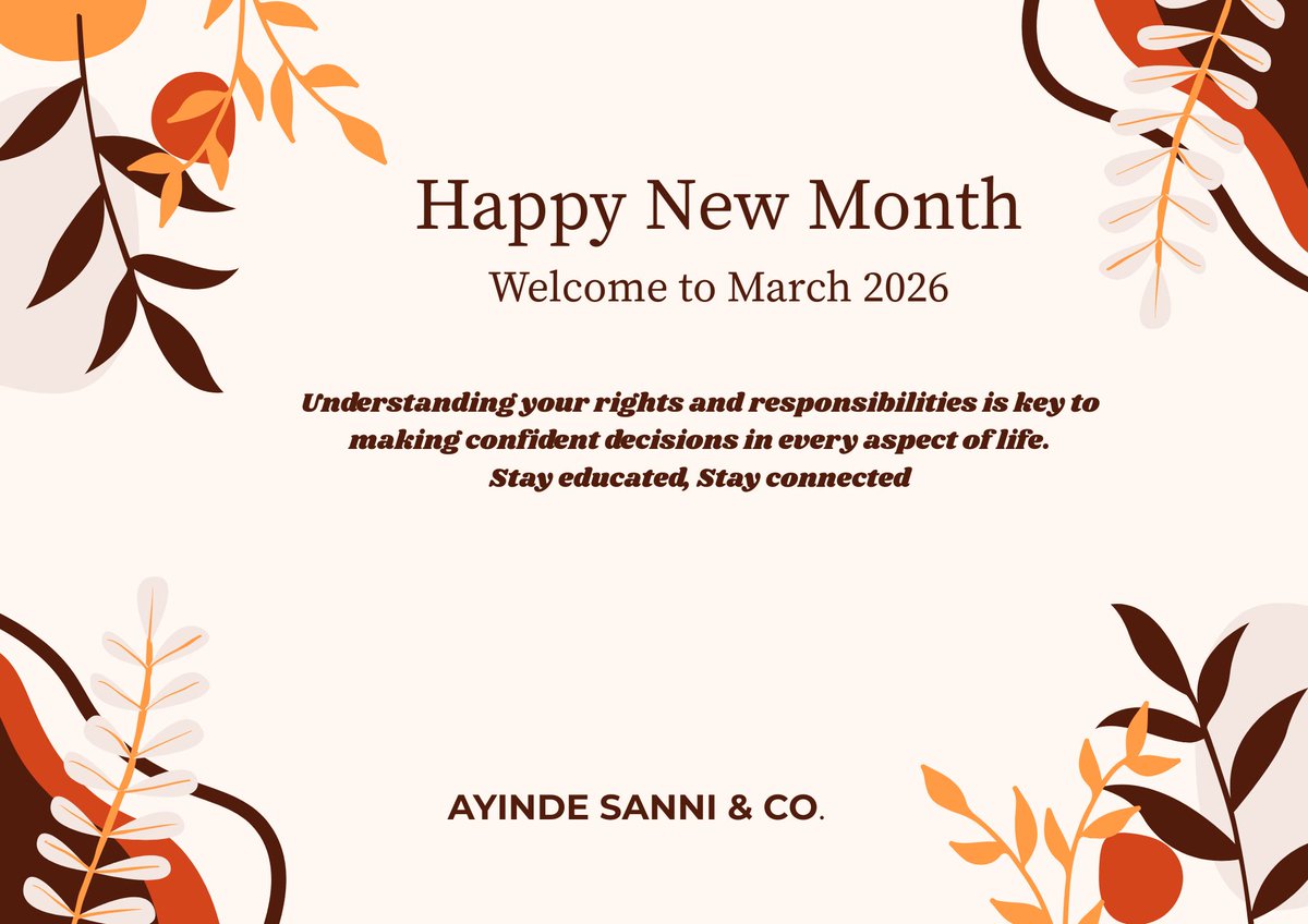 AscLegal1's tweet photo. Happy New Month from all of us at Ayinde Sanni &amp; Co.

Ensure you stay informed about your rights and obligations as a citizen of Nigeria. https://t.co/VClKM5UQKX