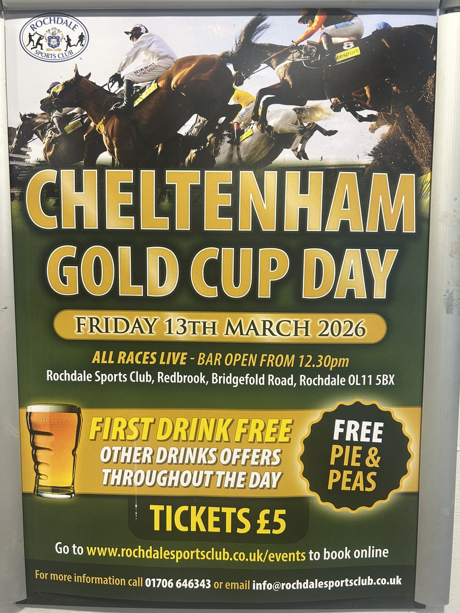 Friday 13th march 🏆🐎

Come and join us for a day at the races, Tickets only £5 and available through rochdalesportsclub.co.uk 

Bar open 12.30pm🍺
First drink free🍺
Drink offers 🍺
Free pie and peas 🥧

Come and join us 👍