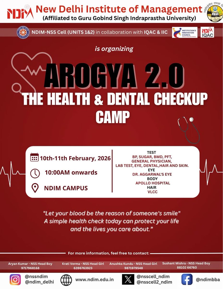 nsscell2_ndim's tweet photo. NSS Cell of NDIM (Unit 1 &amp; 2) in collaboration with IQAC and IIC organized Aarohan Health &amp; Dental Checkup 2.0 to promote preventive care and well-being on campus. 🦷✨

#NSS #Aarohan #HealthCheckup #DentalCare #NDIM https://t.co/KD9CINbpme