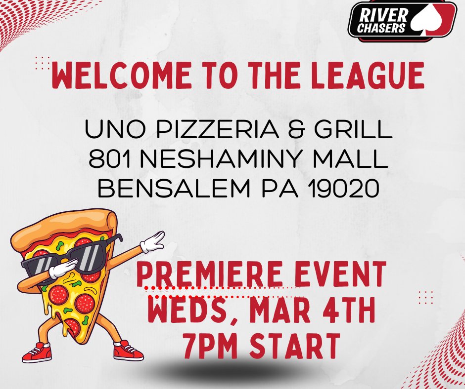 Riverchasers's tweet photo. **NEW VENUE ANNOUNCEMENT**
UNO CHICAGO GRILL - BENSALEM PA
PREMIERE 3/4/26 - 7PM START
#freepoker #socialpoker #riverchasers #barpokeropen #unopizzeria #unopoker https://t.co/p7eVwT1ze9