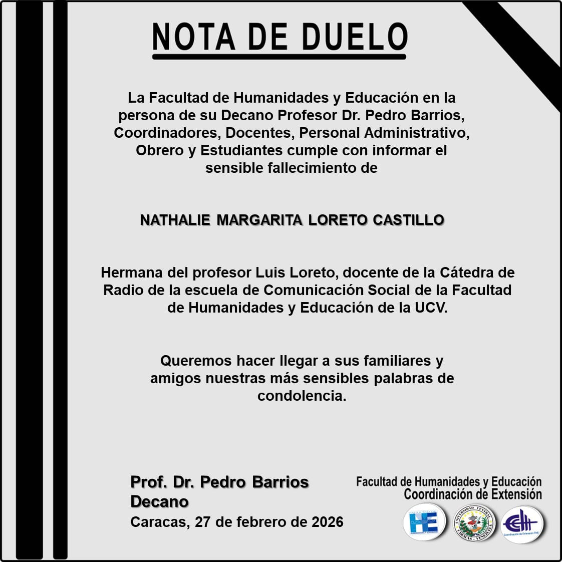 andresraulpaezp's tweet photo. Lamentamos fallecimiento de la Sra Nathalie Loreto Castillo hermana de nuestro amigo Lic Luis Loreto Docente Escuela #ComunicacionSocial #UCV Curso @LocucionUCV @fhyeucv además de #atleta #natacion #QEDP @UCV_Noticias_ @ININCOUCV @CENDES_UCV @DirCulturaUCV @APUCV @corromario https://t.co/kGrfYMFkhg