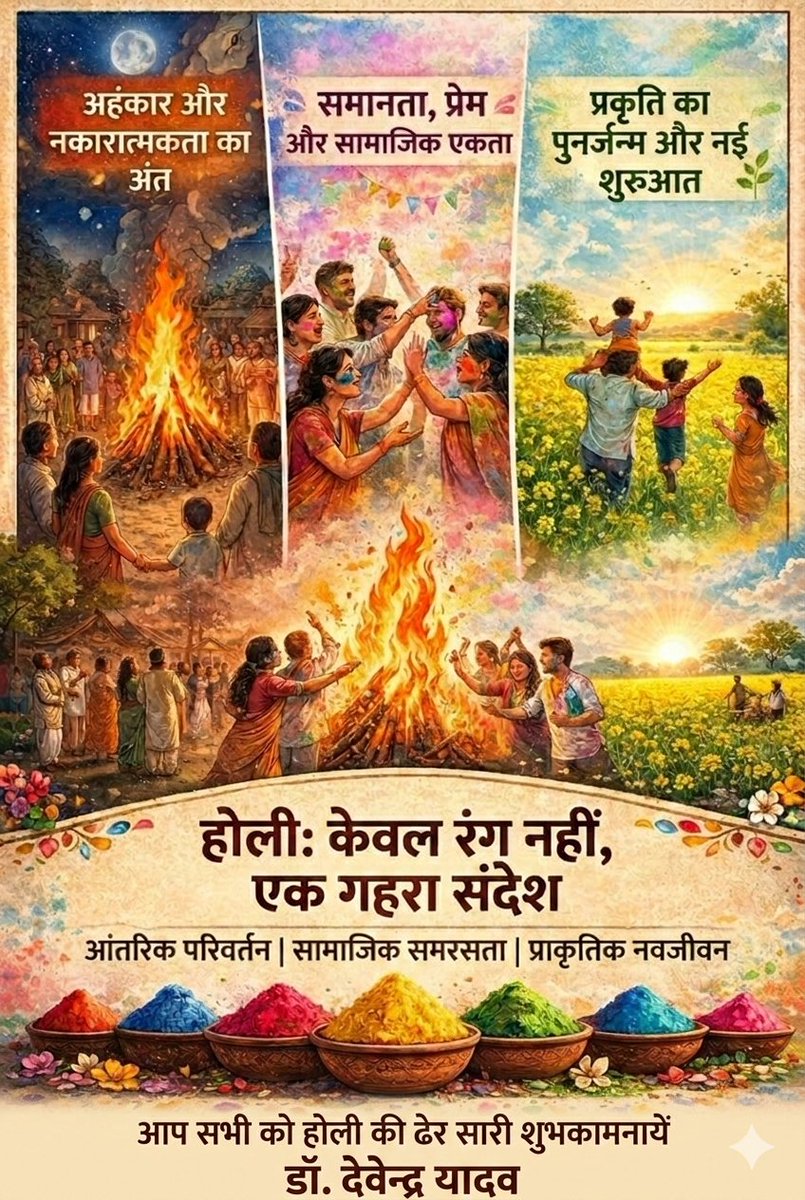 dr09999's tweet photo. 🌸 होली: केवल रंग नहीं, एक संदेश

होली सिखाती है कि पहले अपने अंदर की नकारात्मकता और अहंकार को जलाएँ, तभी असली उत्सव है।
रंग बराबरी, प्रेम और रिश्तों की मिठास का एहसास कराते हैं।
हर दूरी मिट सकती है, हर मनमुटाव खत्म हो सकता है।

#Holi #HappyHoli #FestivalOfColors #SpreadLove https://t.co/msMXhkOOQj