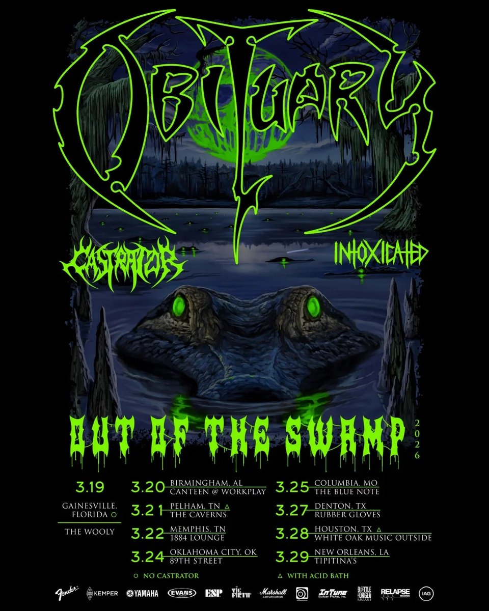 The Florida boys are coming! “Out of the Swamp” to join Acid Bath and a few select headline shows! Tickets are on sale this Friday, January 30th @ 10am local time: obituary.cc/tour Castrator &amp; Intoxicated on headline shows / No Acid Bath