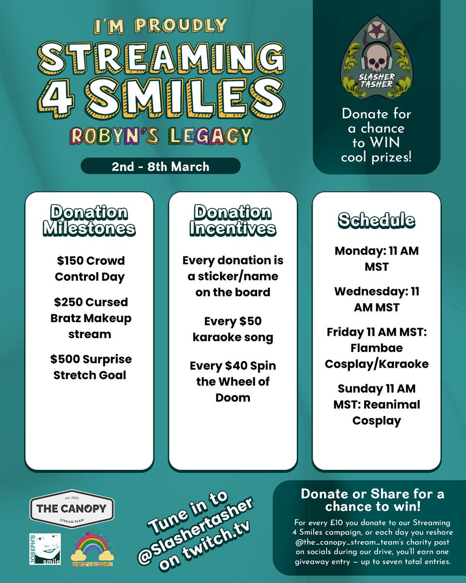 This week we will be fundraising along with my amazing <a href="/The_Canopy_Team/">TheCanopyStreamTeam</a> members for Joseph's Smile in Robyn's Legacy. Here are some of our incentives and schedule for this week!