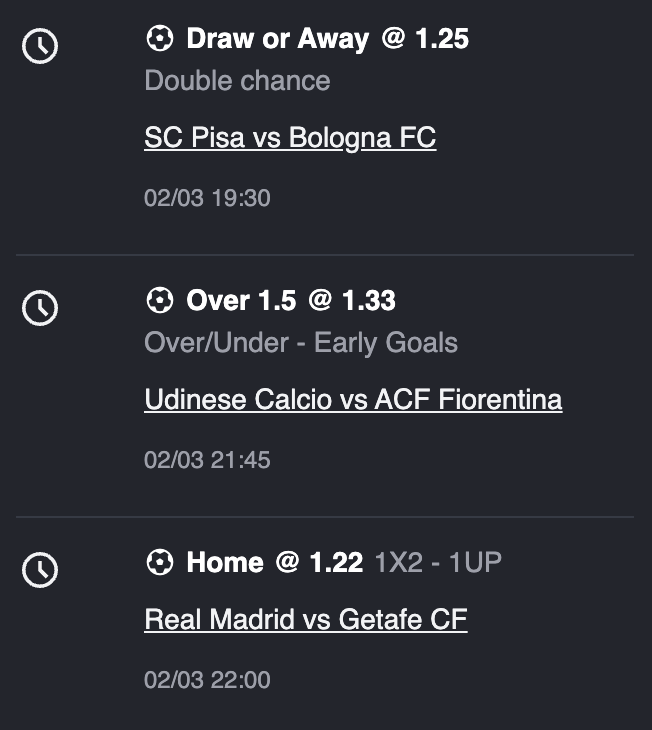 Booking code: 2F2GZK - Use it to flip your gift 🫰🎯

1UP, Early goals and Double chance picks @ 2 odds!