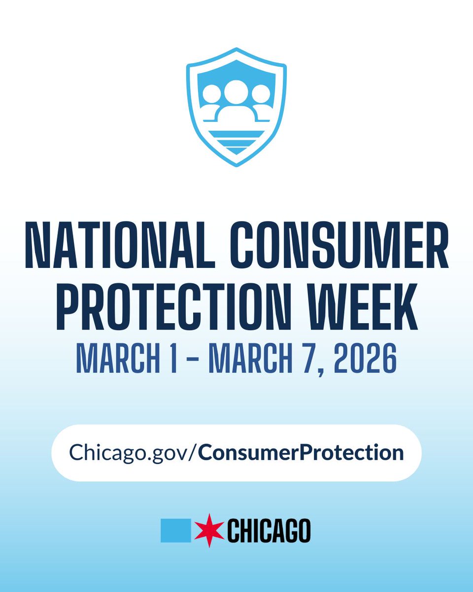BACP recognizes National Consumer Protection Week, a nationwide initiative from March 1-7, with free webinars and resources designed to protect consumers and promote ethical business practices throughout the City. Stay tuned to this week: #NCPW2026

More: Chicago.gov/ConsumerProtec…