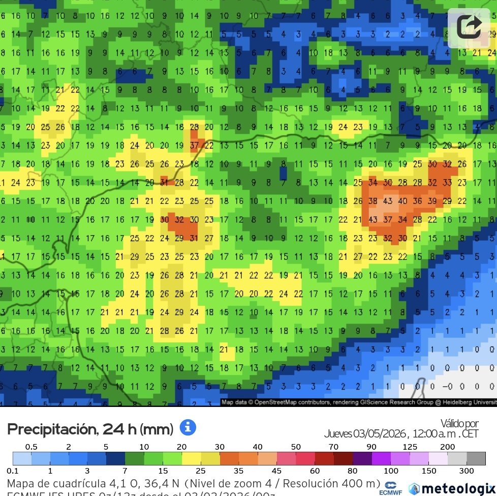 ElTiempoEnMlag1's tweet photo. Acumulados previstos para el próximo miércoles en #Málaga. 🌧 https://t.co/2ISIe7Dsoj