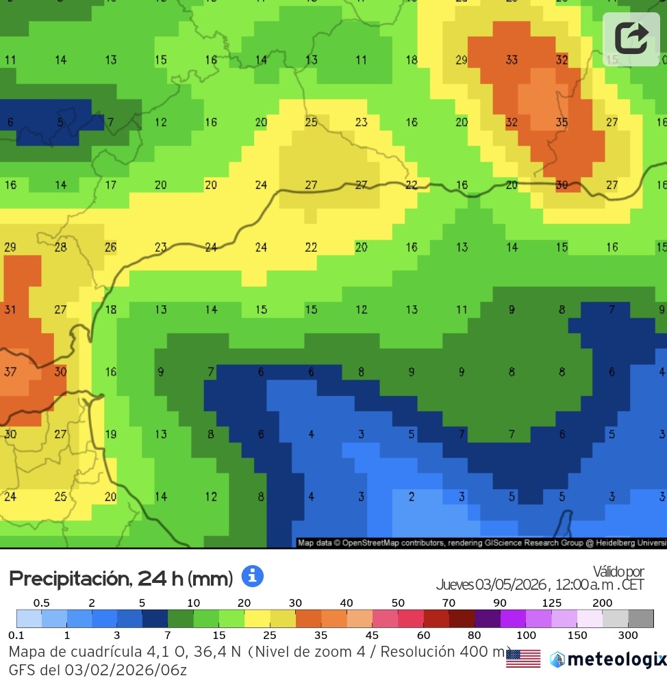 ElTiempoEnMlag1's tweet photo. Acumulados previstos para el próximo miércoles en #Málaga. 🌧 https://t.co/2ISIe7Dsoj