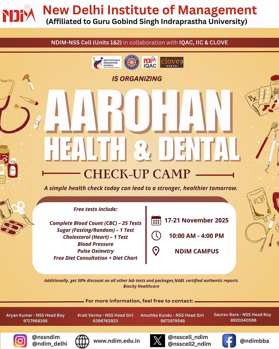 nsscell2_ndim's tweet photo. NSS Cell of NDIM (Unit 1 &amp; 2) in collab with IQAC and IIC organized Aarohan:- Health &amp; Dental checkup camp to promote preventive healthcare and well-being among students. This initiative encouraged awareness and healthier lifestyles.

#nss #aarohan #Health #dental #checkup https://t.co/nxLsL7J4vN