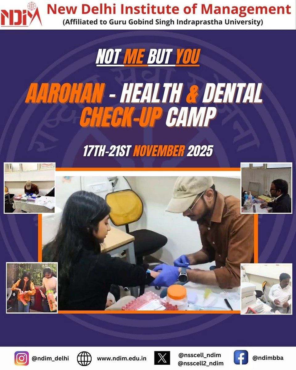 nsscell2_ndim's tweet photo. NSS Cell of NDIM (Unit 1 &amp; 2) in collab with IQAC and IIC organized Aarohan:- Health &amp; Dental checkup camp to promote preventive healthcare and well-being among students. This initiative encouraged awareness and healthier lifestyles.

#nss #aarohan #Health #dental #checkup https://t.co/nxLsL7J4vN