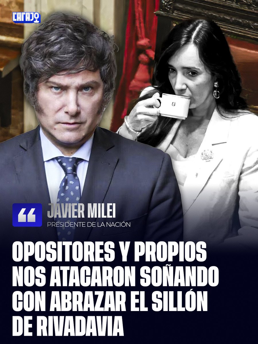 El palo y un fuerte mensaje del Presidente Milei anoche a Victoria Villarruel:

"Opositores y propios nos atacaron soñando con abrazar el sillón de Rivadavia", señalando con la cabeza a donde estaba ubicada la Vicepresidente.