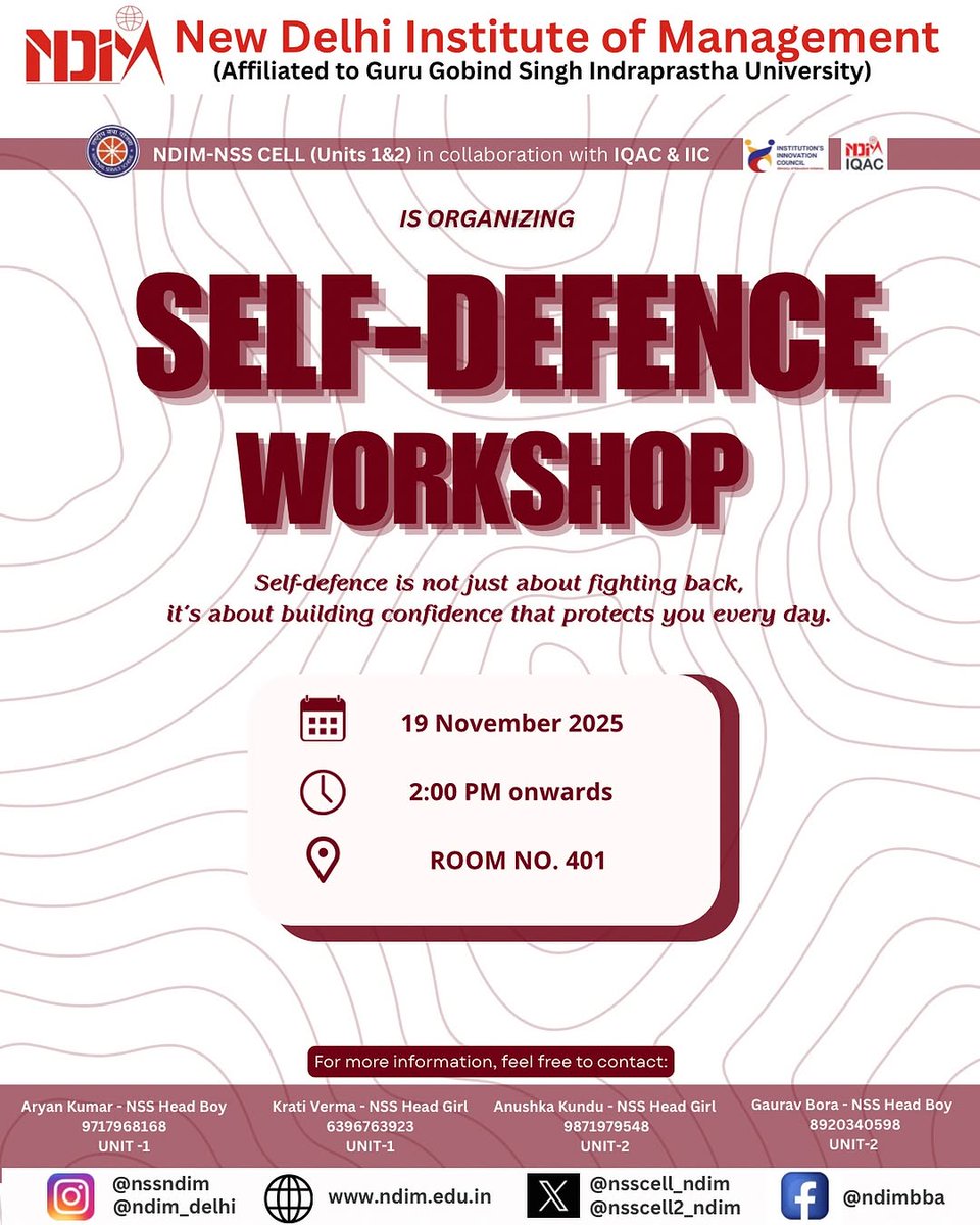 nsscell2_ndim's tweet photo. NSS Cell of NDIM (Unit1 &amp; 2) in collab with IQAC and IIC organized Self Defense Workshop to empower students with essential safety skills and practical techniques. The session focused on building confidence and awareness to respond calmly in challenging situations.✨

#nss #women https://t.co/2jVHlBwrKi