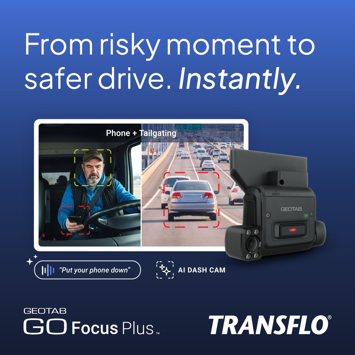 PegasusTRANSFLO's tweet photo. Geotab GO Focus Plus is the AI dash cam built for fleets who want instant, in-cab feedback and urgent event alerts. Spot distractions, tailgating, and hard braking the moment they happen. 

Want to know more? Contact us or visit: https://t.co/9x9H27AURJ https://t.co/TxORutU3kT