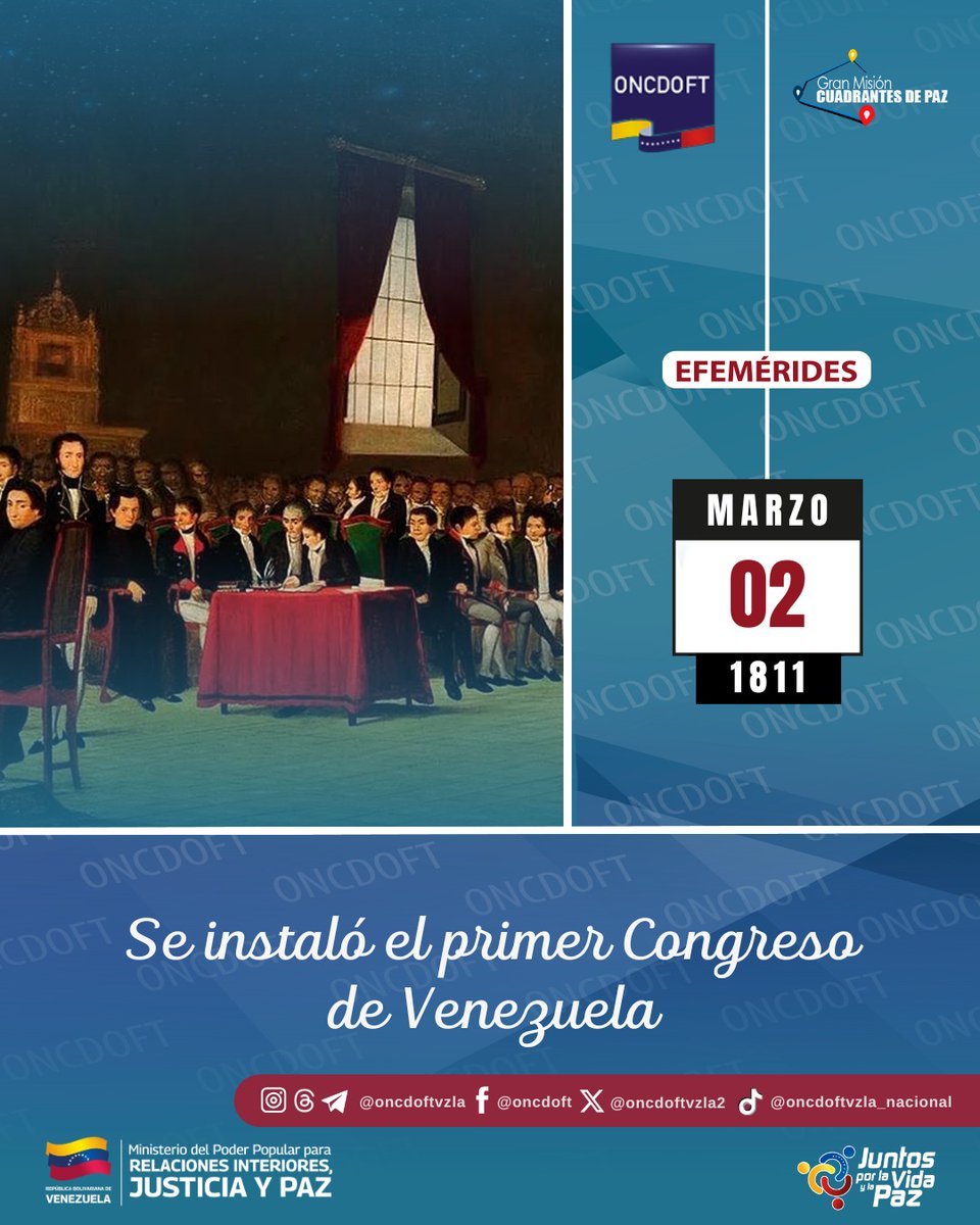 #Efeméride|| Tal día como hoy, #02Mar pero del año 1811, se instaló en Caracas el primer Congreso de la República, el cual con carácter constituyente habría proclamado cuatro meses después la Independencia absoluta de Venezuela frente a España.