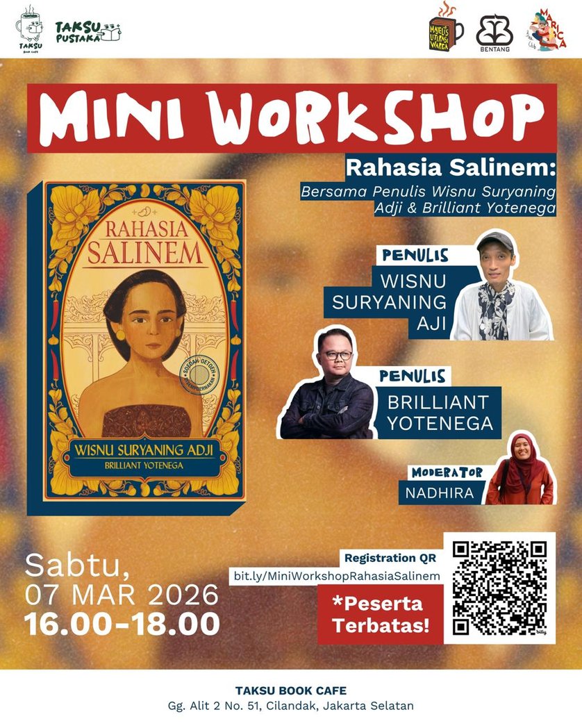 _MasWis's tweet photo. GIVEAWAY

2 (dua) eksp Rahasia Salinem utk 2 (dua) pemenang (1 utk DKI &amp; 1 utk luar DKI). Syarat:
1. BACA flyer. RT &amp; Likes twit ini
2. Gaperlu nama, REPLY dg nyebut 1 org nyata yg pengen kamu masukin ke cerita kamu + alasan
3. Sertakan domisili.

Pengumuman: KAMIS 5 Maret 2026. https://t.co/Ayk0ONzoVJ
