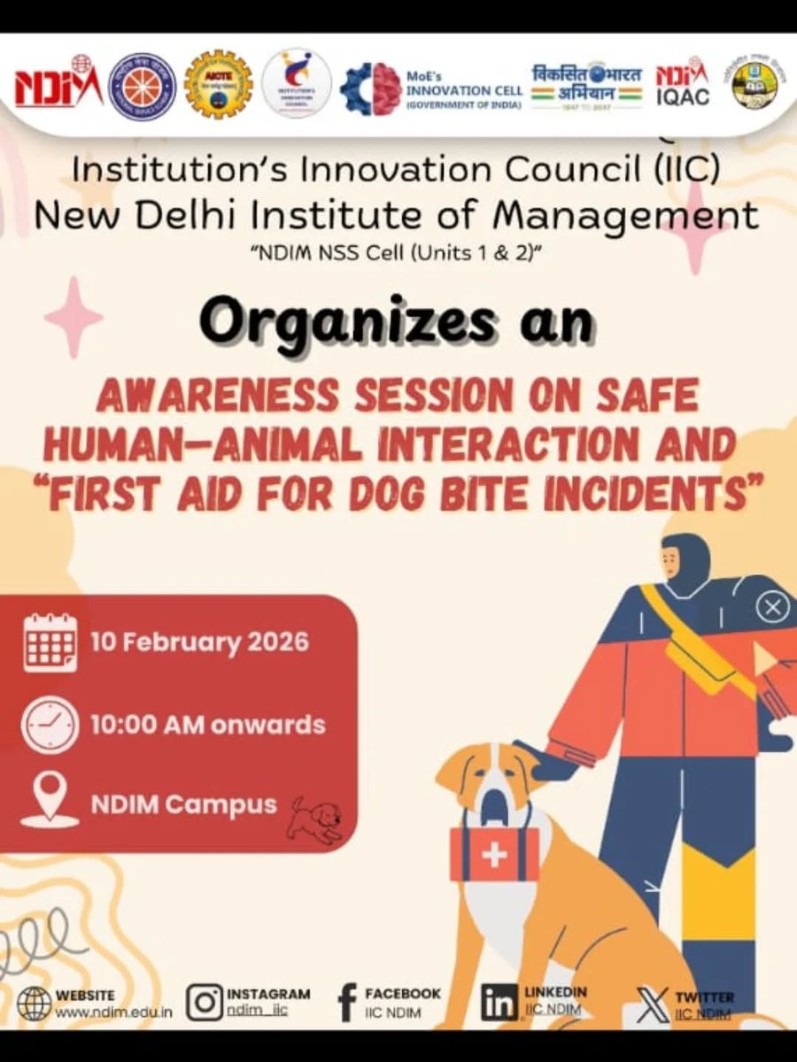 nsscell2_ndim's tweet photo. NSS Cell of NDIM (Unit 1 &amp; 2) in collaboration with IQAC and IIC organized an Awareness Session on Safe Human–Animal Interaction and First Aid for Dog Bite Incidents, promoting responsible behavior, compassion, and informed response within the community. 🐾✨
#NSS #AnimalCare https://t.co/RIWm7bcI97