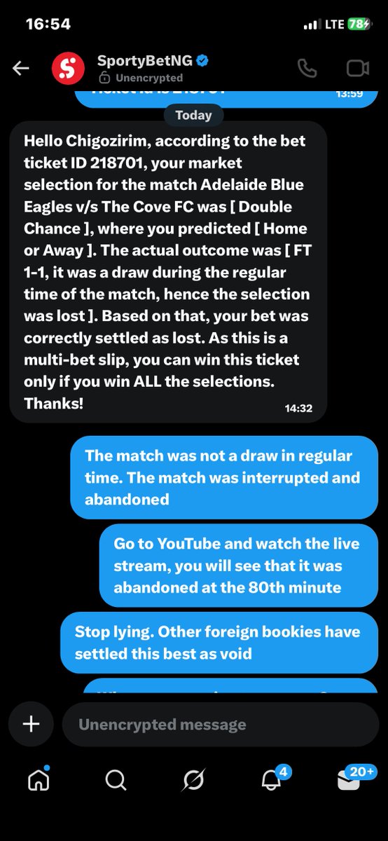 SPORTYBET DAYLIGHT ROBBERY!!

Sportybet is trying to scam us

This Australian match between Adelaide Blue Eagles vs The Cove fc was interrupted by 83rd minute due to power outage.

I watched the match livestream on their youtube channel. (I will attach the link to the youtube