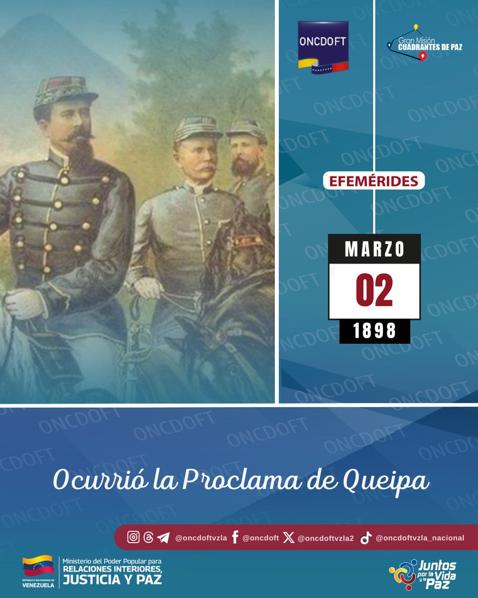 #Efeméride|| Tal día como hoy, #02Mar pero de 1898, el General José Manuel Hernández, alias el Mocho, dio a conocer la Proclama de Queipa, en la hacienda del mismo nombre, ubicada en la montaña del Socorro, de la sierra occidental del estado Carabobo.