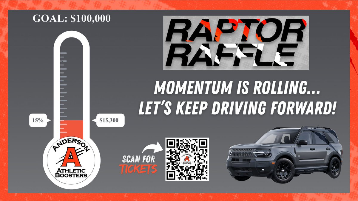 Boosters_AHS's tweet photo. Momentum is rolling for the Anderson Athletic Booster Club’s RAPTOR RAFFLE and you could drive away in a 2025 Ford Bronco Sport Big Bend! 🚙

Let’s keep driving it forward!

🎟️ Tickets are just $25 each or 5 for $100 👉 Grab yours now: 
https://t.co/d1V5h4oXTx https://t.co/UjaIlx5aBa