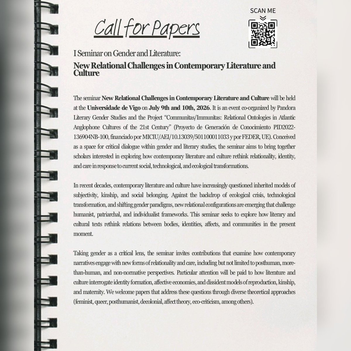 pandora_lgs's tweet photo. 📬 Check the CFP for the I Seminar on Gender and Literature organised by Pandora Literary Gender Studies (us ✨) and funded by the research project "Communitas/Immunitas" at the University of Vigo 👏🏼

Check our website (link in bio) to send your proposals 👀 https://t.co/4WfEmHpJlt