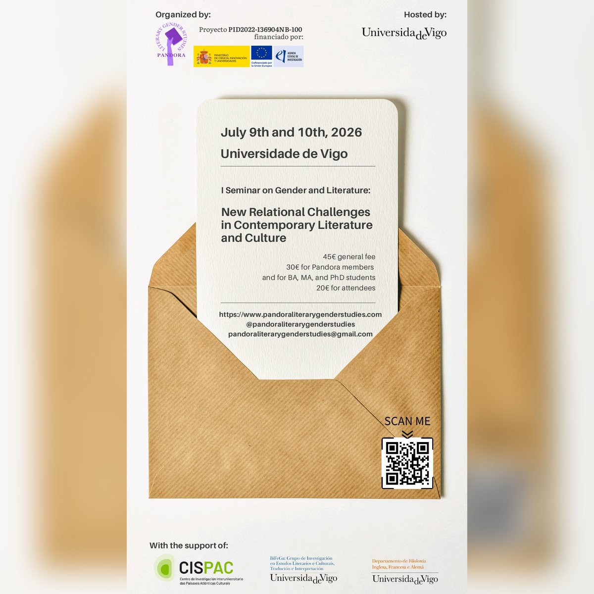 pandora_lgs's tweet photo. 📬 Check the CFP for the I Seminar on Gender and Literature organised by Pandora Literary Gender Studies (us ✨) and funded by the research project "Communitas/Immunitas" at the University of Vigo 👏🏼

Check our website (link in bio) to send your proposals 👀 https://t.co/4WfEmHpJlt