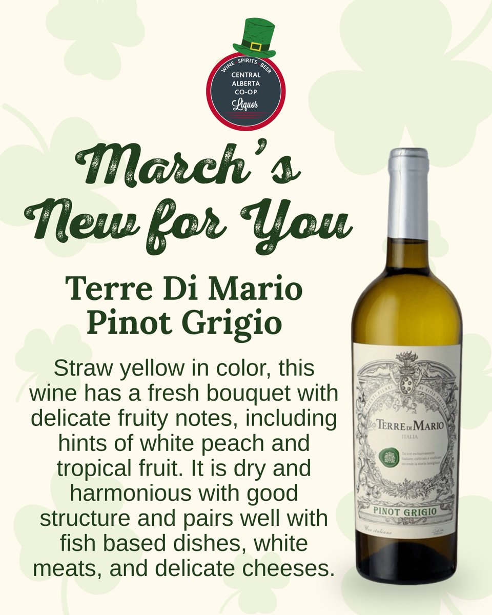 March’s New for You: Terre Di Mario Pinot Grigio
Fresh, fruity and dry. Perfect with fish, white meats or soft cheeses. 🍷
Available at your Central Alberta Co-op Liquor Stores

 #CentralAlberta #TerreDiMario #PinotGrigio #CoopLiquor