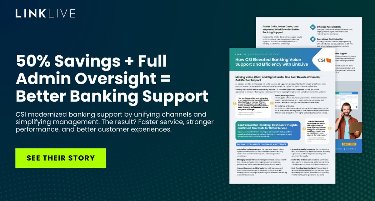 LinkLiveAI's tweet photo. What happens when you give support leaders full control?

CSI cut costs by over 50 percent, reduced missed calls, and gave supervisors live dashboards and smarter staffing — all while delivering faster, more reliable banking support.

https://t.co/0PRQCWSsdX https://t.co/CAOCv8tr5M