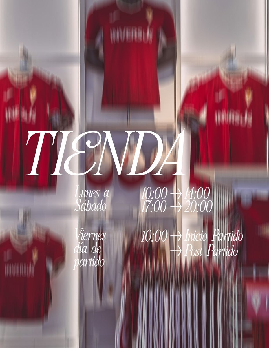 🛍️ Horario de la Tienda Oficial en semana de partido #RealMurciaSanluqueño 

📅 Lunes a sábado
10:00-14:00 | 17:00-20:00
📅 Viernes (día de partido)
De 10:00h hasta inicio del encuentro y también en el postpartido