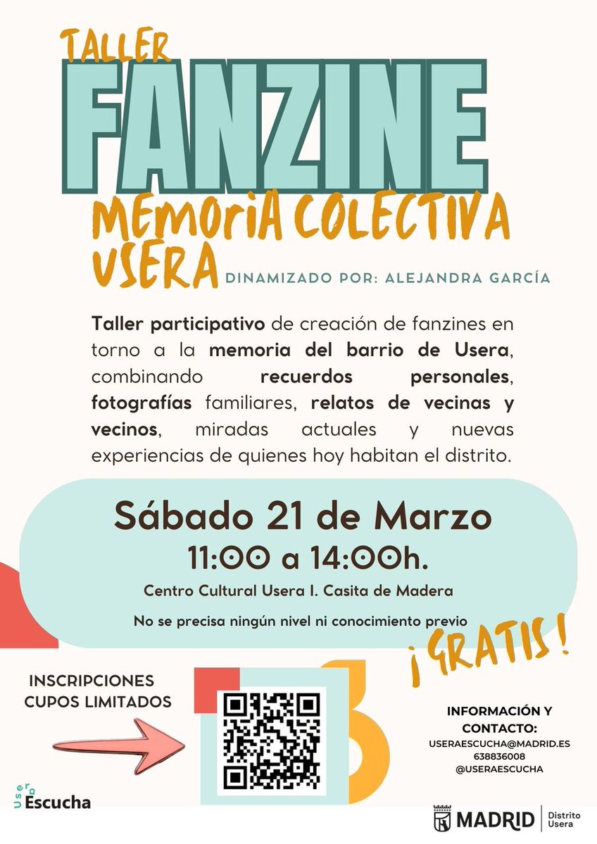 jmd_usera's tweet image. 📑Taller de creación de #fanzine 
Memoria colectiva de #Usera
📍Sábado 21 de marzo; 11 a 14 h
CCUsera1-Casa de Madera
Plazas limitadas
Inscripción por QR👇
Con #UseraEscucha

👉informate.madrid.es/v6qbg
