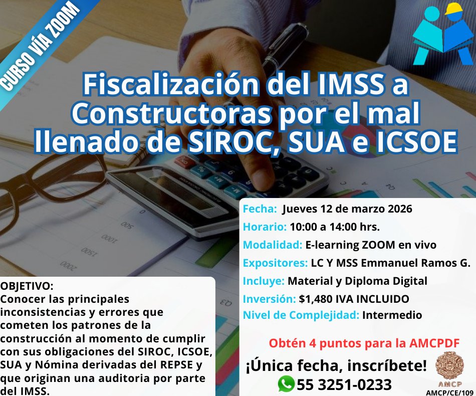 GMcapacitacion1's tweet image. 📢 ¡Aprende a cumplir sin errores y protege tu #obra:   domina #SIROC, #SUA, #ICSOE y #nóminas para evitar auditorías del #IMSS y sanciones innecesarias!
Inscripciones Abiertas👉wa.link/tabzj9
#Cursos #contador #constructoras #Arquitectos #construcción #IMSSDigital