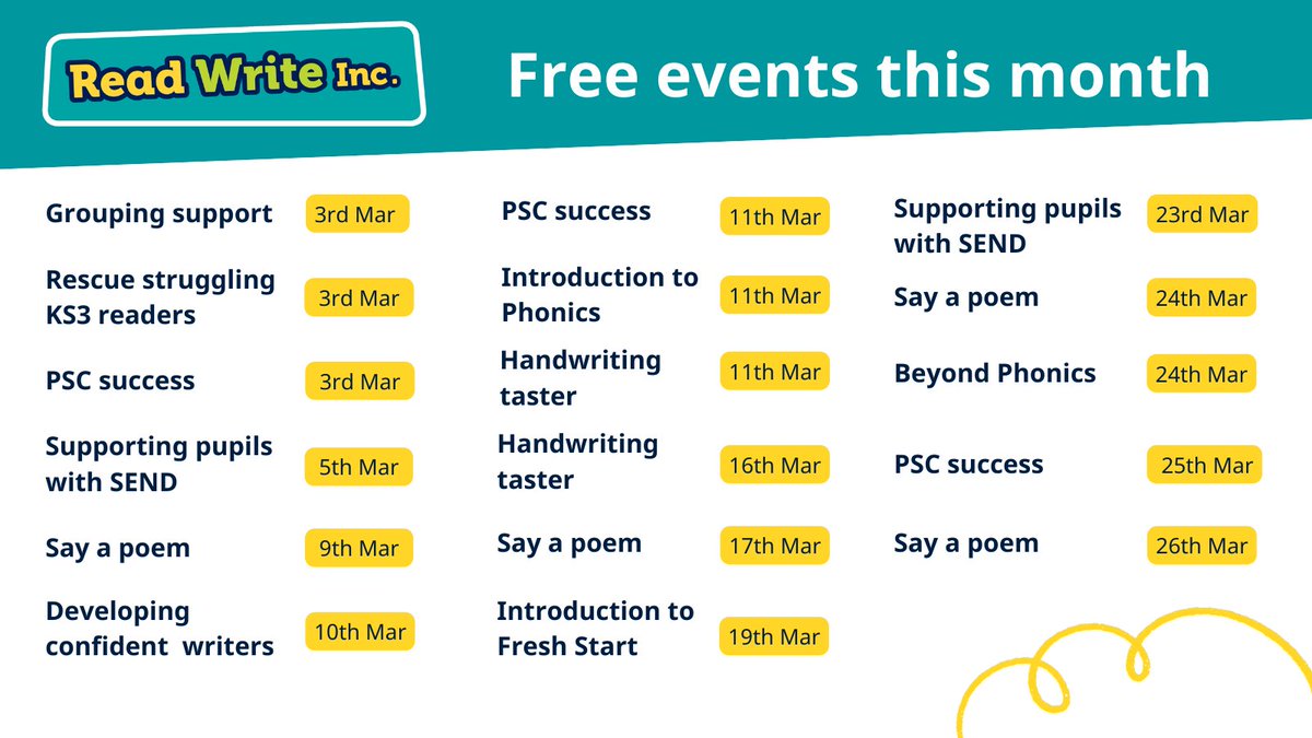 RuthMiskinEdu's tweet photo. Here’s your at-a-glance summary of #ReadWriteInc free webinars this March!

Let’s get every child reading!

Secure your place here: https://t.co/u4d9BTi4oN https://t.co/JLVBC2rjkZ