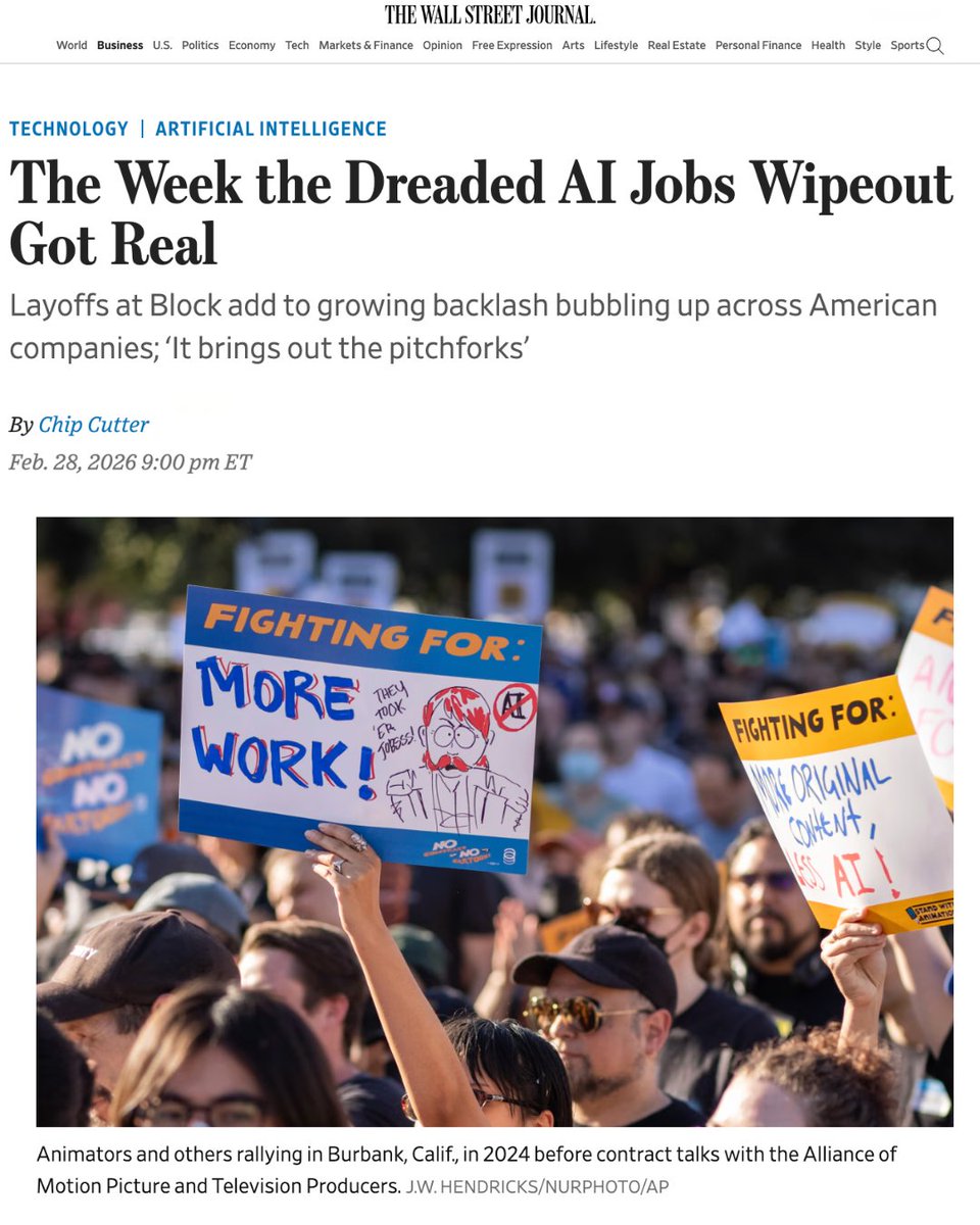 ariannahuff's tweet photo. The “vibe shift” on AI is here: As @ChipCutter reports in the @WSJ, now that the long-anticipated AI-driven layoffs are happening, a backlash is brewing. 

AI messaging from business and tech leaders has been mostly about how beneficial AI will be. But now, as Cutter writes, executives “are beginning to be far more candid.” 

For instance, there is @JPMorgan Chase CEO Jamie Dimon: “AI will create more productivity, but it could create other derivative effects. Laying those people off will cause a problem, even if it creates more productivity in society. That’s why society’s got to think this through a little bit. It may happen faster than we can adjust to it.” 

I agree. As I told Chip, we don’t yet know the full impact AI is going to have on jobs, but we definitely do know that it’s going to have an impact, and leaders need to be open and upfront about that.

Read more from Cutter: https://t.co/hdkCLw4nsK