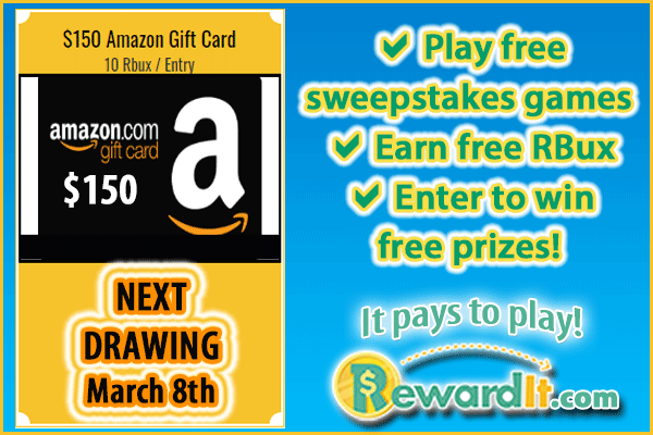 🎁Don't miss your chance to #win the next $150 Amazon Gift Card drawing ending on March 8th!⏳

Play Now 👉 ow.ly/3lA050Yo2Lr
✔️Earn RBux
✔️Enter to win prizes!
✔️100% FREE!💯
💰It pays to Play RewardIt!