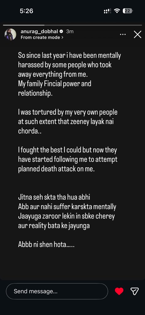 BIGGBOSSOFC's tweet image. Big Breaking 
BiggBoss 17 contestant Anurag Dhobhal posted an ig story 
He tell what happening in his life
Some of people threatening him and his family 
What's going on

#BiggBoss #uk07rider