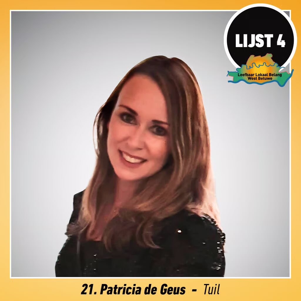 LLBWestBetuwe's tweet photo. LLB Kandidaten voorstel rondje:

#lijst4 #nr21 Patricia de Geus uit #Tuil

Krijgt LLB ook uw stem in maart?  ✏️✅
Want samen maken we het verschil.

Leefbaar Lokaal Belang, samen maken wij het verschil! #Elkeinwonertelt  #echtlokaalbetrokken #zichtbaar

https://t.co/9sMTOA5U6r https://t.co/Kp2hCru4EP