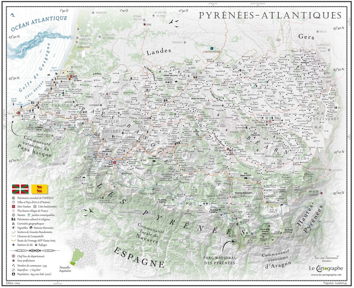 lecartographe's tweet photo. A la demande générale, j'ai rajouté les forêts dans le #PosterCarto des Pyrénées-Atlantiques :)
Du coup il y a maintenant deux versions de ce poster :) https://t.co/G9vgqmOfxx