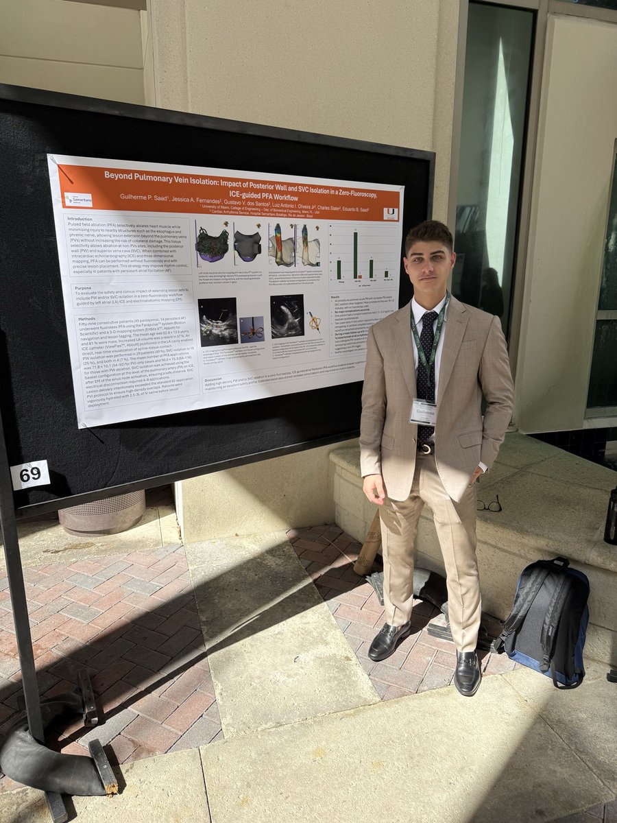 saadgui1's tweet photo. This weekend I had the privilege of presenting three first-author abstracts at the Eastern-Atlantic Student Research Forum (ESRF) 52nd Annual Research Symposium, sponsored by the American Physician Scientist Association (APSA) and hosted by the University of Miami Miller School of Medicine!

All three posters focused on a zero-fluoroscopy, left atrial ICE-guided pulsed field ablation (PFA) workflow for atrial fibrillation, each addressing a different dimension of the approach:

- Feasibility and outcomes of high-density lesion delivery in a zero-fluoro PFA workflow
- The safety and clinical impact of extending lesion sets beyond the pulmonary veins to the posterior wall and SVC
- A comprehensive safety evaluation of the workflow across renal, esophageal, phrenic, vascular, and sinus node markers

Grateful to all the co-authors for the continued mentorship. Huge thanks to Miller School of Medicine for providing a platform that elevates student research and for hosting an outstanding scientific forum!