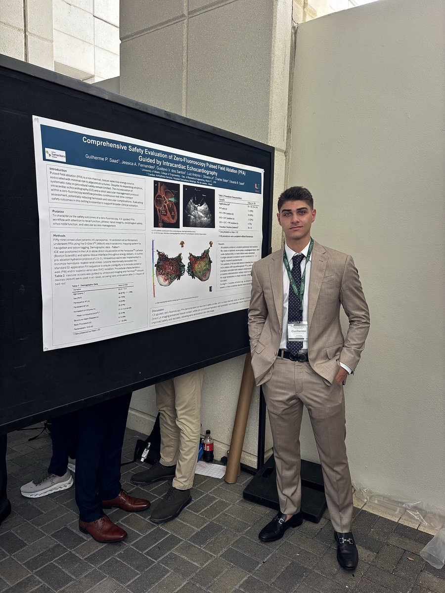 saadgui1's tweet photo. This weekend I had the privilege of presenting three first-author abstracts at the Eastern-Atlantic Student Research Forum (ESRF) 52nd Annual Research Symposium, sponsored by the American Physician Scientist Association (APSA) and hosted by the University of Miami Miller School of Medicine!

All three posters focused on a zero-fluoroscopy, left atrial ICE-guided pulsed field ablation (PFA) workflow for atrial fibrillation, each addressing a different dimension of the approach:

- Feasibility and outcomes of high-density lesion delivery in a zero-fluoro PFA workflow
- The safety and clinical impact of extending lesion sets beyond the pulmonary veins to the posterior wall and SVC
- A comprehensive safety evaluation of the workflow across renal, esophageal, phrenic, vascular, and sinus node markers

Grateful to all the co-authors for the continued mentorship. Huge thanks to Miller School of Medicine for providing a platform that elevates student research and for hosting an outstanding scientific forum!