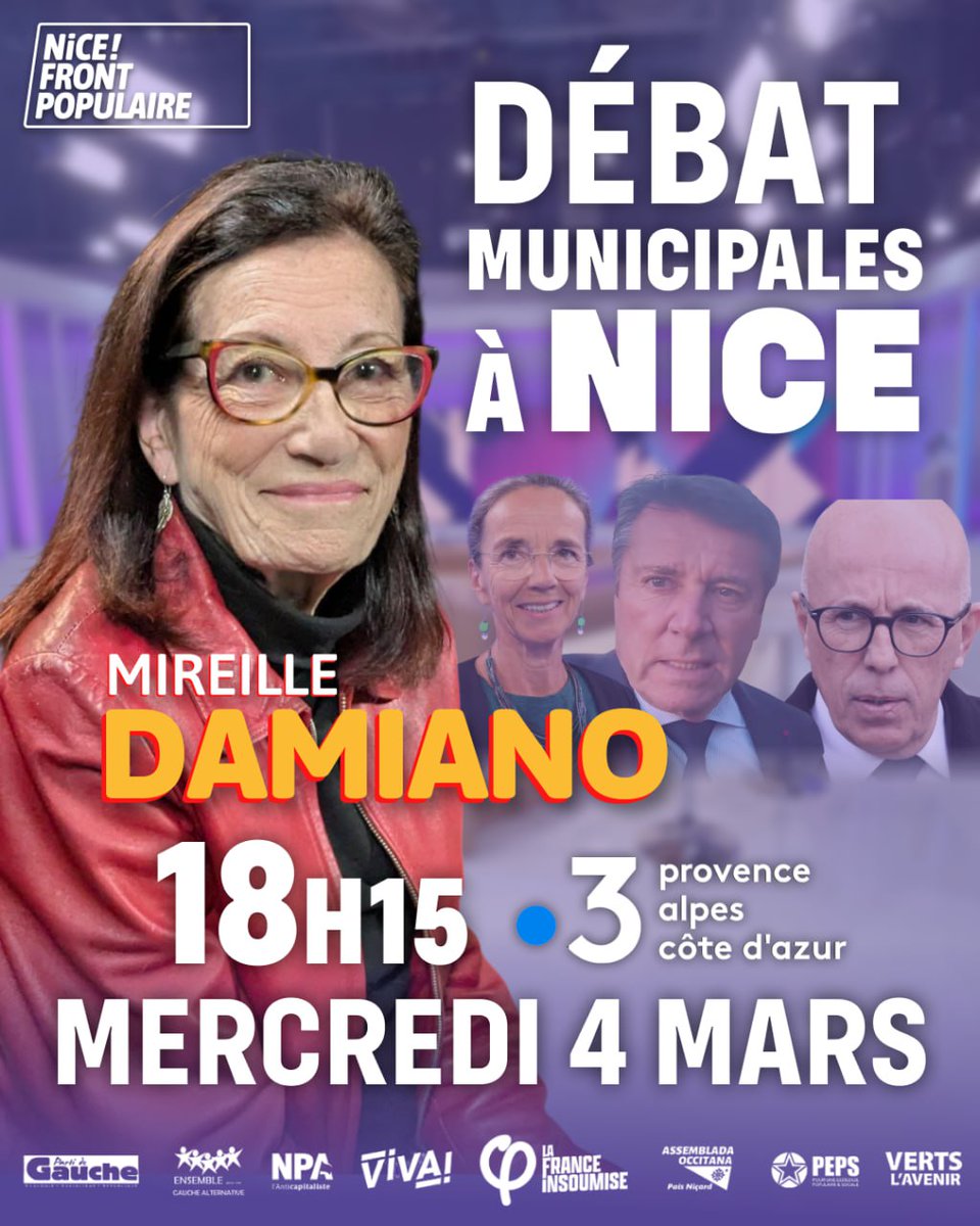 Retrouvez <a href="/DamianoMireille/">Mireille Damiano</a> mercredi 4 mars à 18h15 sur France 3 Côte-D’Azur pour le débat des élections municipales.

#municipales2026 #nice06 #nicefrontpopulaire