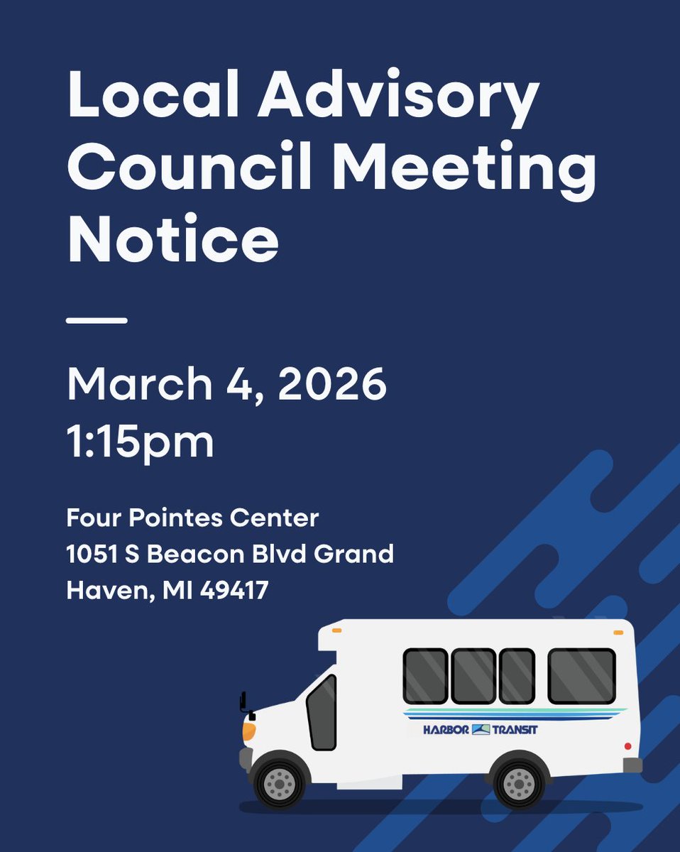 harbor_transit's tweet photo. Local Advisory Council Meeting Notice: Harbor Transit's Local Advisory Council meets on Wednesday, March 4, 2026 at 1:15pm at Four Pointes Center for Successful Aging, located at 1051 S Beacon Boulevard, Grand Haven, MI 49417. 
View the agenda here: https://t.co/sz58RHSLyV https://t.co/nCg9J6Dpx2