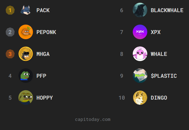 capitoday's tweet photo. Rising Communities today on Capitoday!

1️⃣ $PACK 
2️⃣ $PEPONK 
3️⃣ $MHGA 
4️⃣ $PFP 
5️⃣ $HOPPY 
6️⃣ #BLACKWHALE 
7️⃣ $XPX 
8️⃣ $WHALE 
9️⃣ $PLASTIC 
🔟 $DINGO https://t.co/OlYkYWmPtW