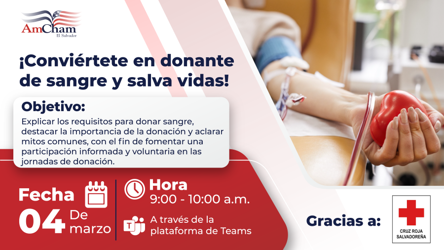 AmChamSal's tweet photo. Te invitamos a participar en nuestro webinar informativo sobre donación de sangre, donde conocerás los requisitos, la importancia de donar y aclararemos mitos frecuentes.

04 de marzo | 9:00 a 10:00 a.m. | A través de Microsoft Teams

Inscríbete aquí: https://t.co/76W2vWglUN https://t.co/MBBUjTMbNC