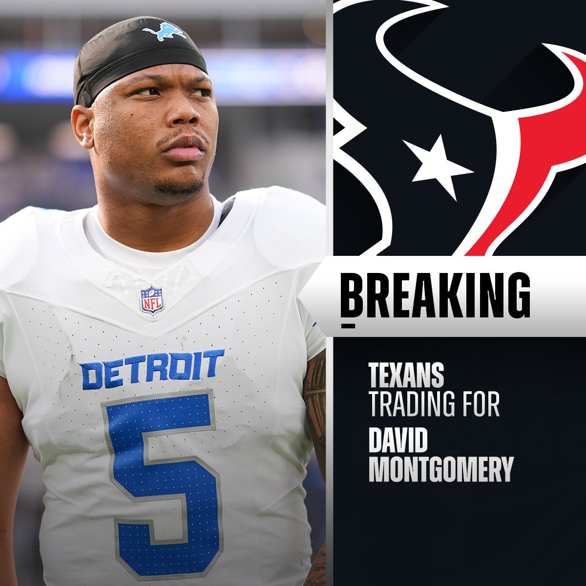 TRADE: Lions trading RB David Montgomery to Texans in exchange for a fourth-round pick, a seventh-round pick and OL Juice Scruggs. (via @RapSheet, @TomPelissero, @MikeGarafolo)